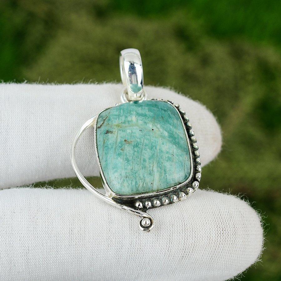 925 Sterling Silver Radiant Amazonite Gemstone Mother Bezel New Pendant Jewelry