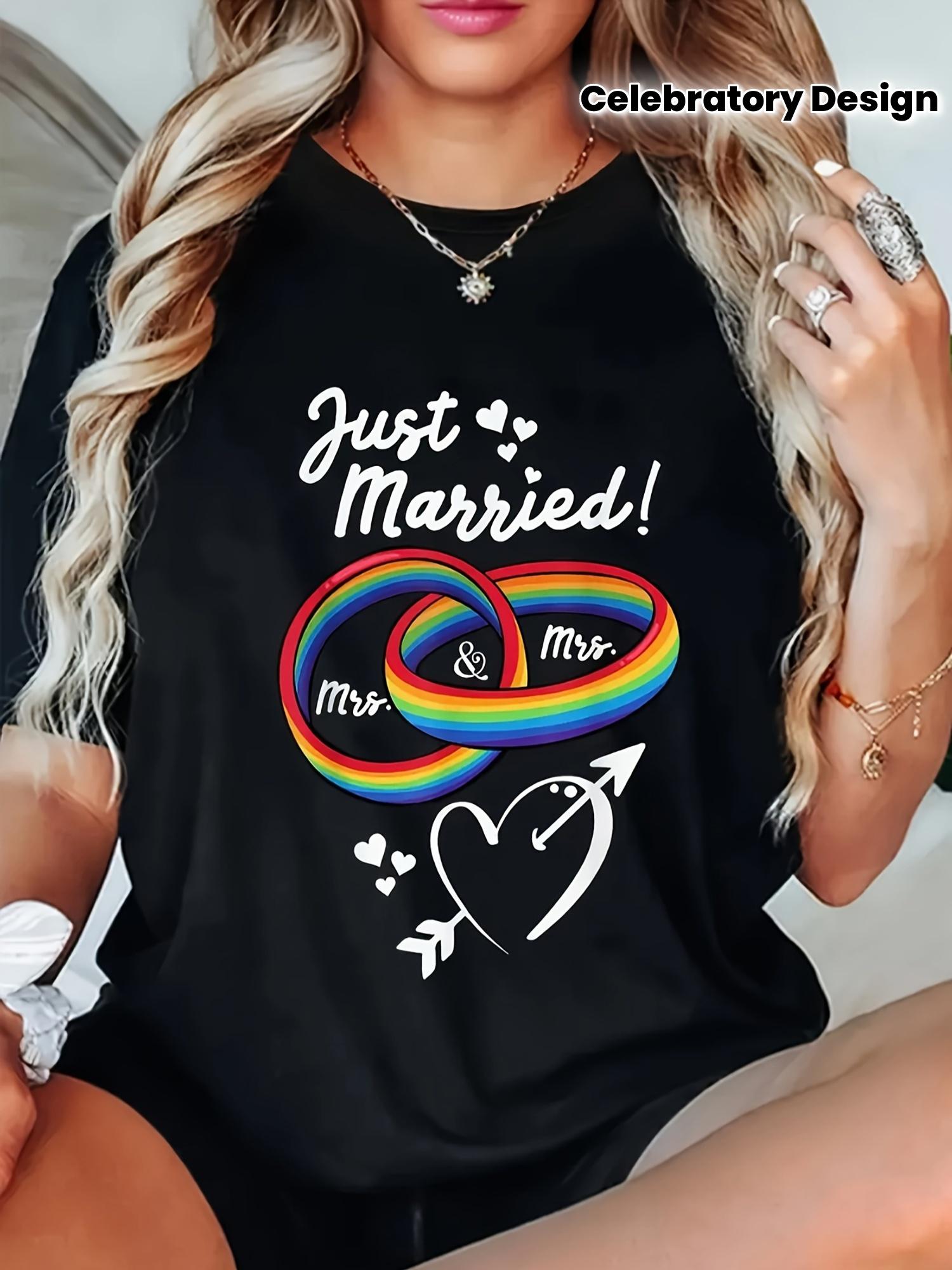 Just Married Rainbow Rings Mrs & Mrs Heart Arrow T-shirt XXXL