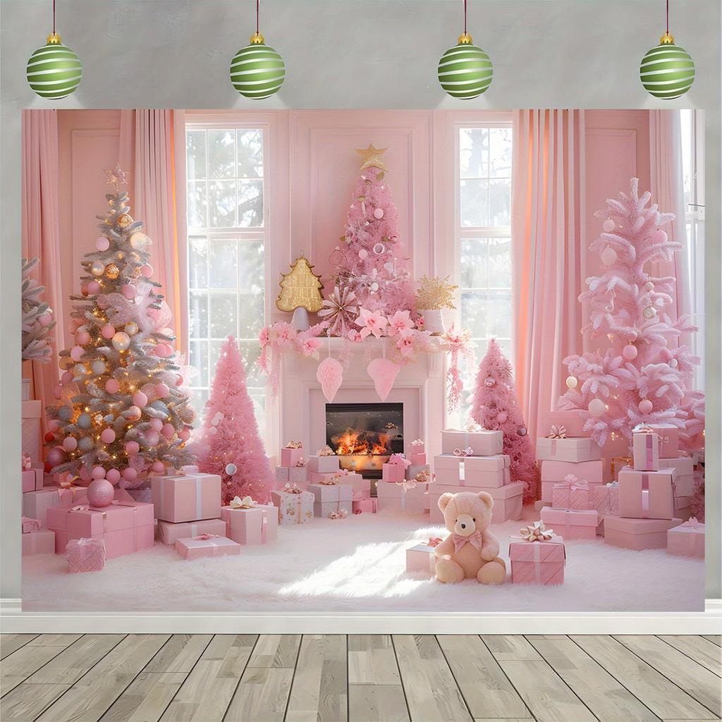 One 2D flat pink Christmas polyester background cloth with a Christmas pink tree ball background suitable for daily decoration