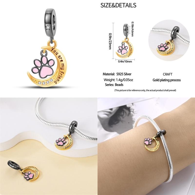 100% Real S925 Silver Moon Black Cat Charms Fit Qikaola Bracelet&Bangle For Women Birthday Fine Jewelry Gift