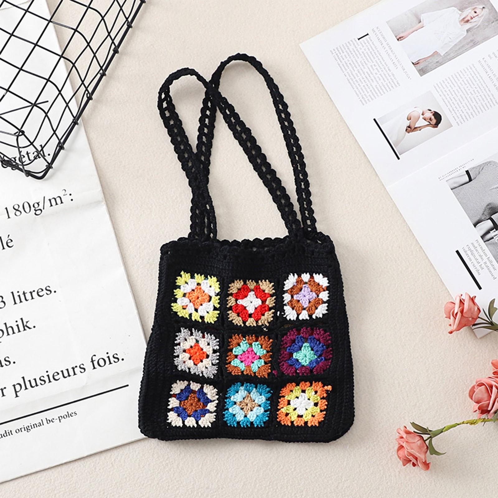 

Handmade Crocheted Wool Handheld Wristlet Bag Casual Outing Travel Retro Hollow Bag One Size чёрный