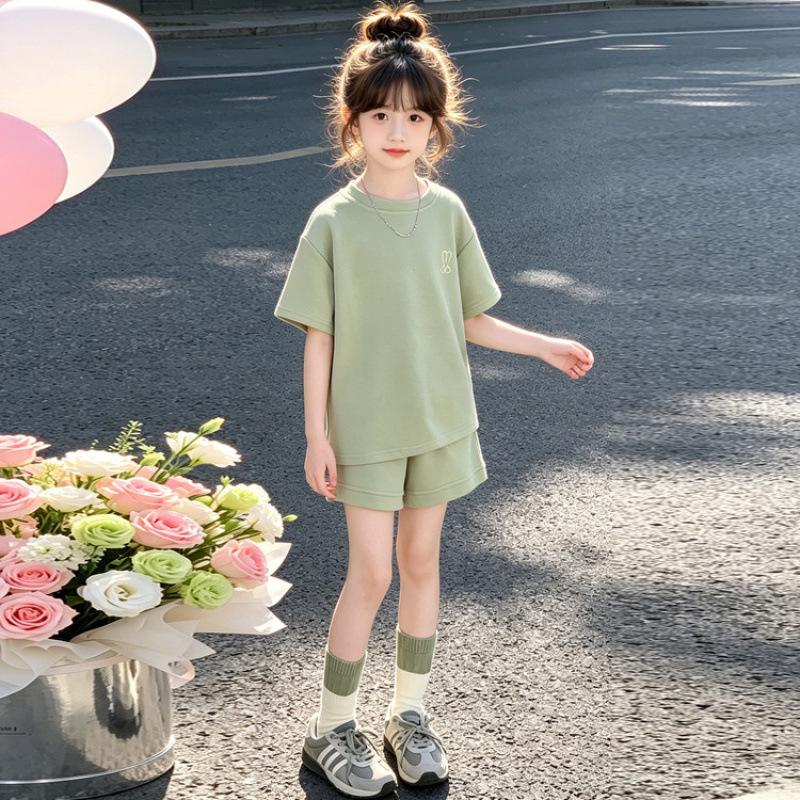 Girls' Korean Style Summer Sports Set: Short Sleeve & Shorts Two-Piece
