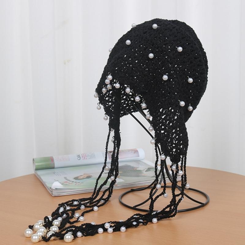 Elegant Pearls Beanie Hat Breathable Hat Y2K Crochet Beanie Hat Holiday Y2K Crochet Hat Encrusted Pearls