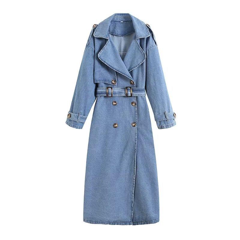 Women Loose Double Breasted Belted Denim Trench Coat