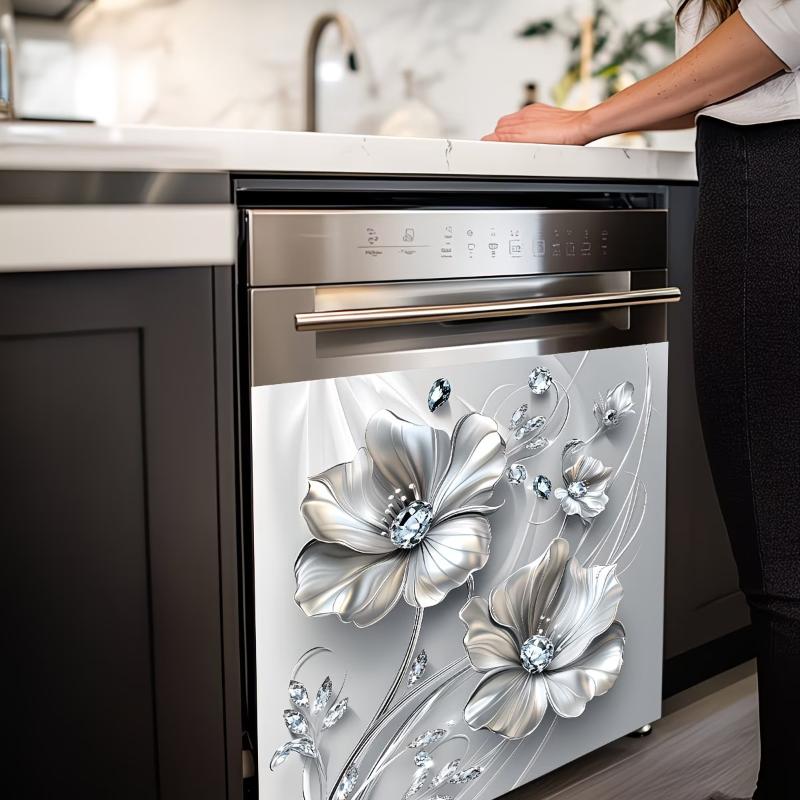 Silvery Floral Decal Kitchen Fridge Dishwasher Sticker Self-Adhesive Removable Wall Decals Home Decor