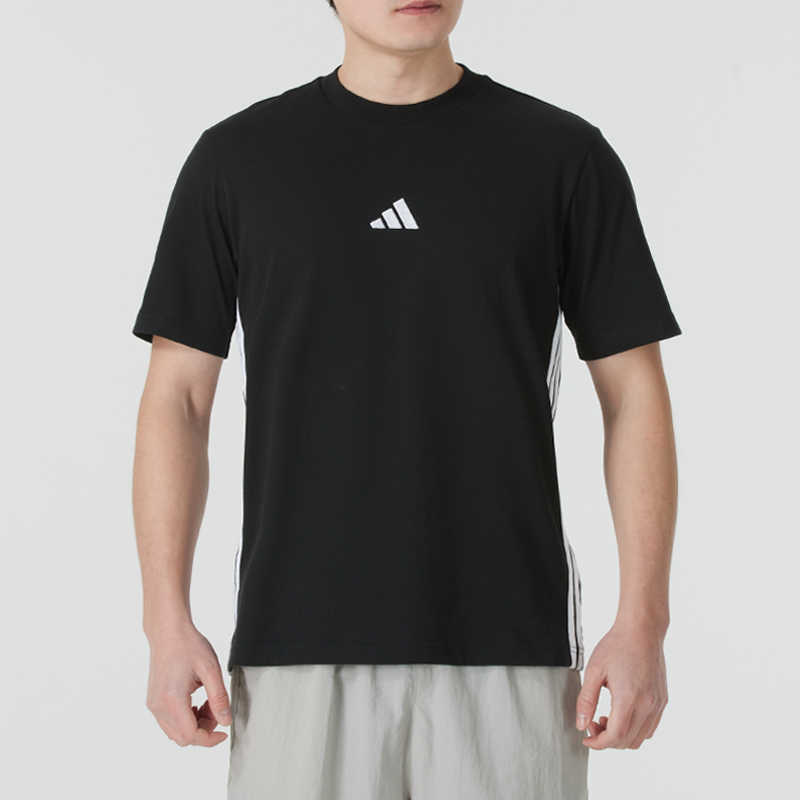 Adidas Essential Striped Crew Neck Logo Drop Shoulder Short Sleeve T-Shirt Men Tops Black White JY8564