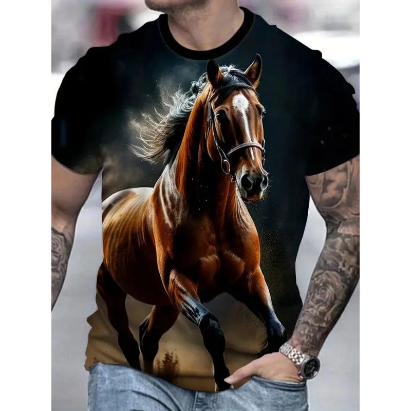 Summer Round Neck 3D Horse Print Top Fashionable Casual Vintage Short Sleeved Men's T-shirts