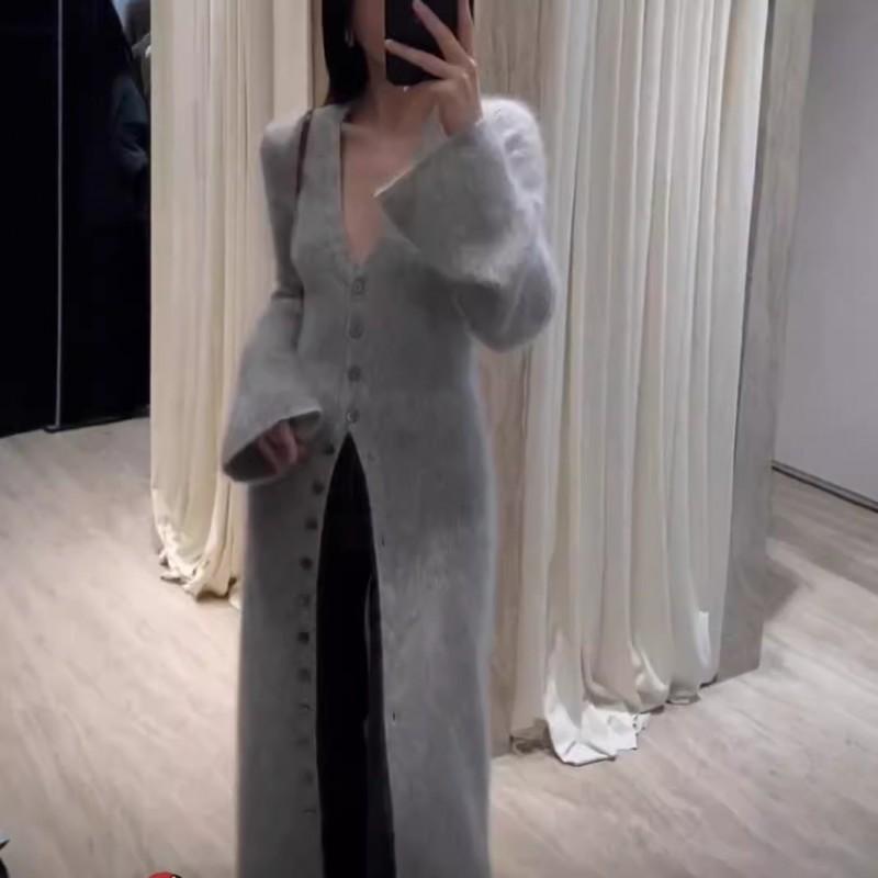 Womens V-Neck Longline Knit Cardigan With Side Slit Slim Fit Wool Blend Sweater Coat Winter
