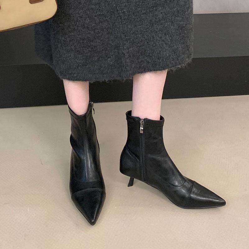 Mode Damen Niedrigabsatzschuhe Damen Knöchel Stretch Stiefel Reißverschlüsse Mode Spitzschuh Damen Kurz Moderne Stiefel Pumps Schuhe