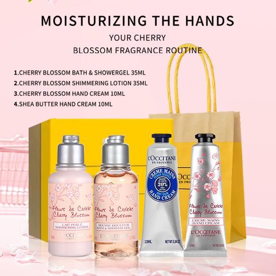 L'Occitane en Provence Mini sada péče o tělo (Tělové mléko Cherry Blossom 35ml + Sprchový gel 35ml + Krém na ruce 10ml + Krém na ruce s bambuckým máslem 10ml) 4-dílný