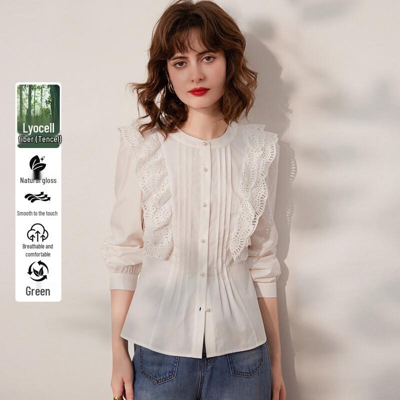 Women s Round Neck Ruffle Trim Long Sleeve Blouse S