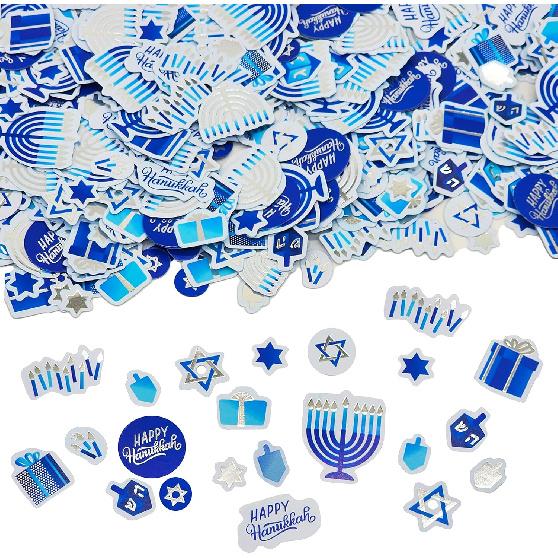 300 Pieces Hanukkah Paper Confetti, Hanukkah Table Confetti Chanuka Holiday Menorah Dreidel Present and Star of David Designs