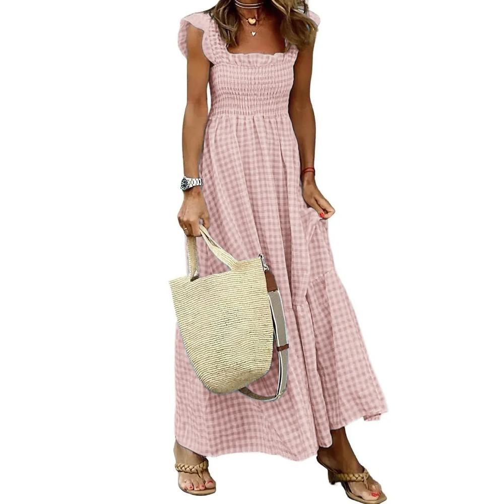 Elegant Plaid Slip Maxi Long Dress Summer Women Strapless Ruffle Backless Pleated Elastic Waist Boho Party Swing Loose Dresses