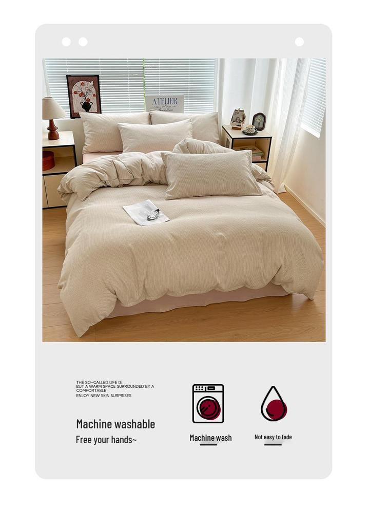 Japanese Minimalist Pure Cotton Bedding Set - Washed Cotton Duvet Cover, Bed Sheet, Dorm-Friendly (3 or 4-piece).