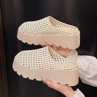 Hollow Woven Bag Head Half Slippers Women's Summer Wear 2025 New Small Height Increase Thick Bottom Casual Cool Slippers