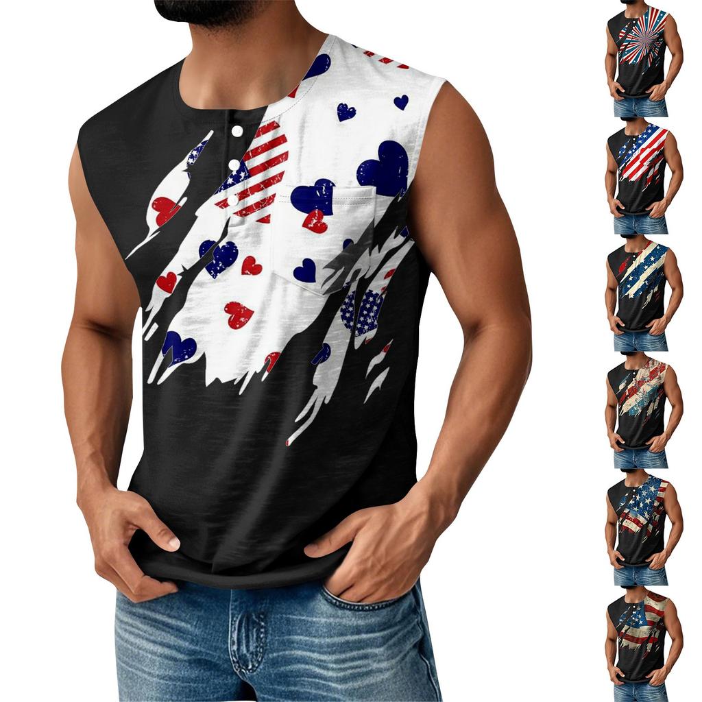 Herre Sommer Uavhengighetsdagen Trykt Sport Knapp Lomme Ermeløs Tanktopp