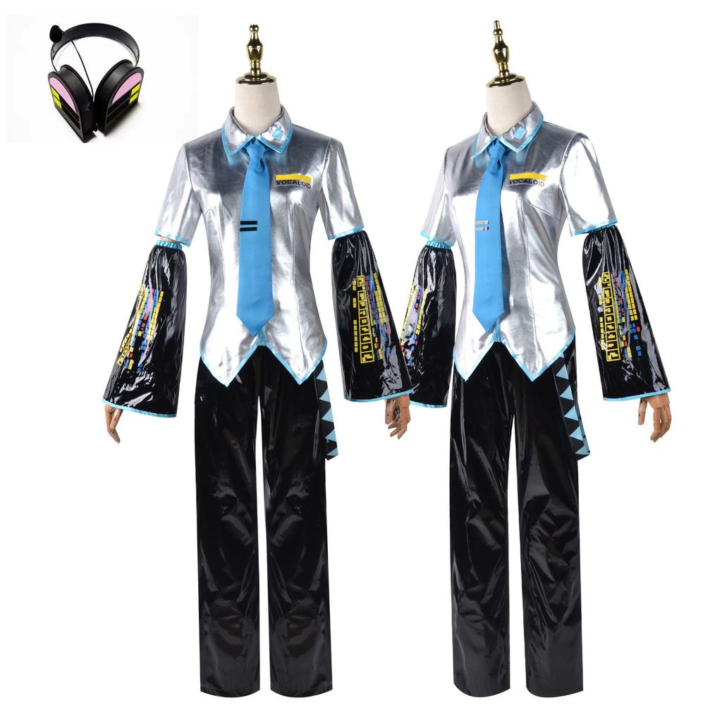 Anime Miku Cosplay Pełny Zestaw Srebrnoszary Lakierowana Skóra Materiał Garnitur Nakrycie Głowy Kostium Strój Jk Mundurek Cosplay Halloween