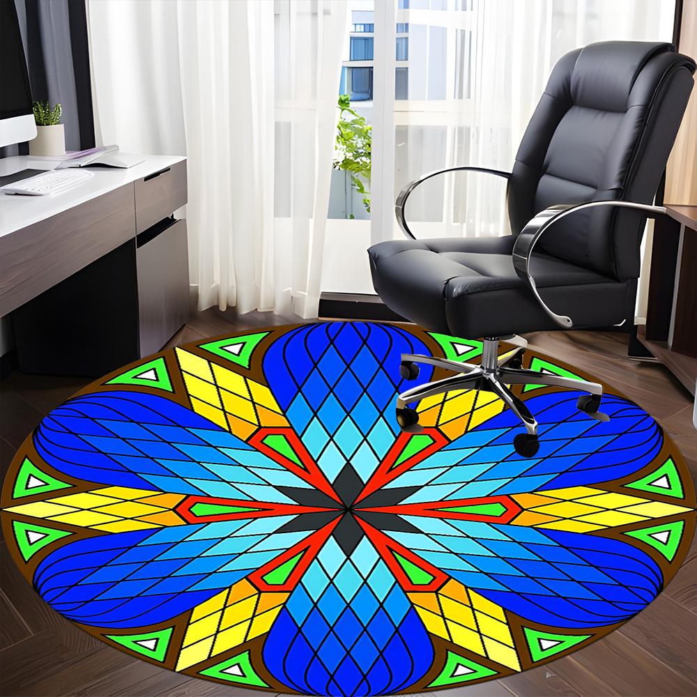 1pc Mandala Stained Glass Office Round Rug, Non-slip, Soft and Durable Office Rug for Interior Decoration, Perfect for Office, Beautiful Decoration yy