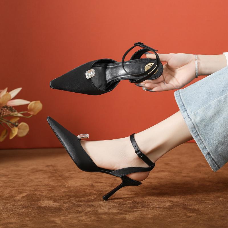 Fashion Spring New Women High Heels Rhinestone French Open Toe Stiletto Sandals Comfortable One Strap Pointed Shoes