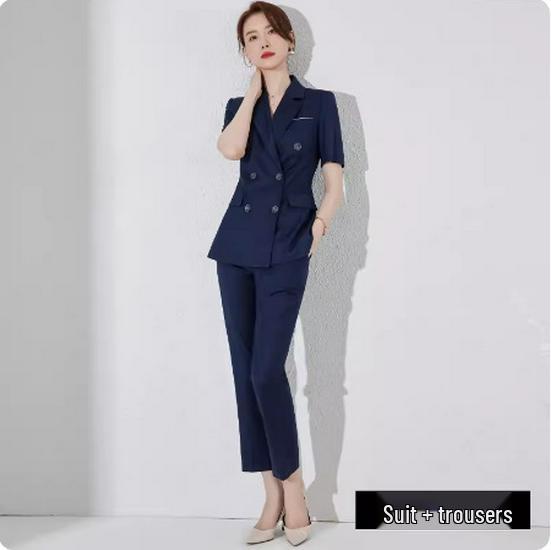 Navy Blue Short Sleeve Double-Breasted Professional Suit Set