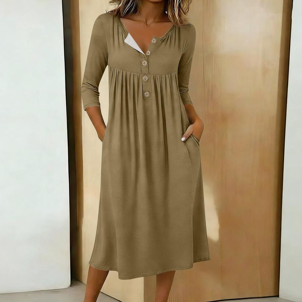 Damen Lässiges Midikleid mit 3/4 Ärmeln und Knöpfen
