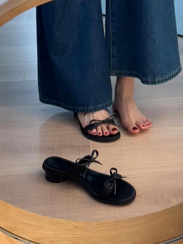 Bow-tie One-word Slippers Women's Summer Wear Beach Roman Sandals Open-toed Thick-heeled Cool Slippers