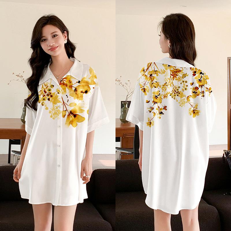 Ropa de Dormir Cómoda de Verano para Mujer Botones Delanteros Seda de Hielo Ropa para el Hogar Suelta Casual Estampada para Descansar