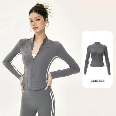 Damen Herbst/Winter Yoga Anzug: Schlankmachende Reißverschlussjacke mit Stehkragen und langen Ärmeln zum Laufen, Training und Fitness
