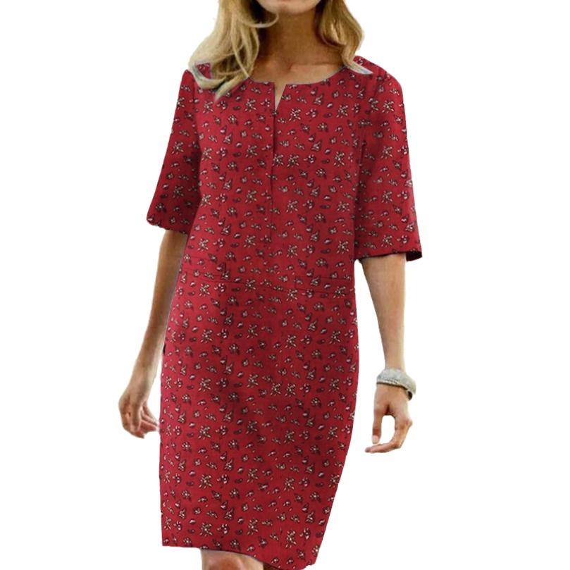 Floral Print Vintage Slit Round Neck Short Sleeve Dress