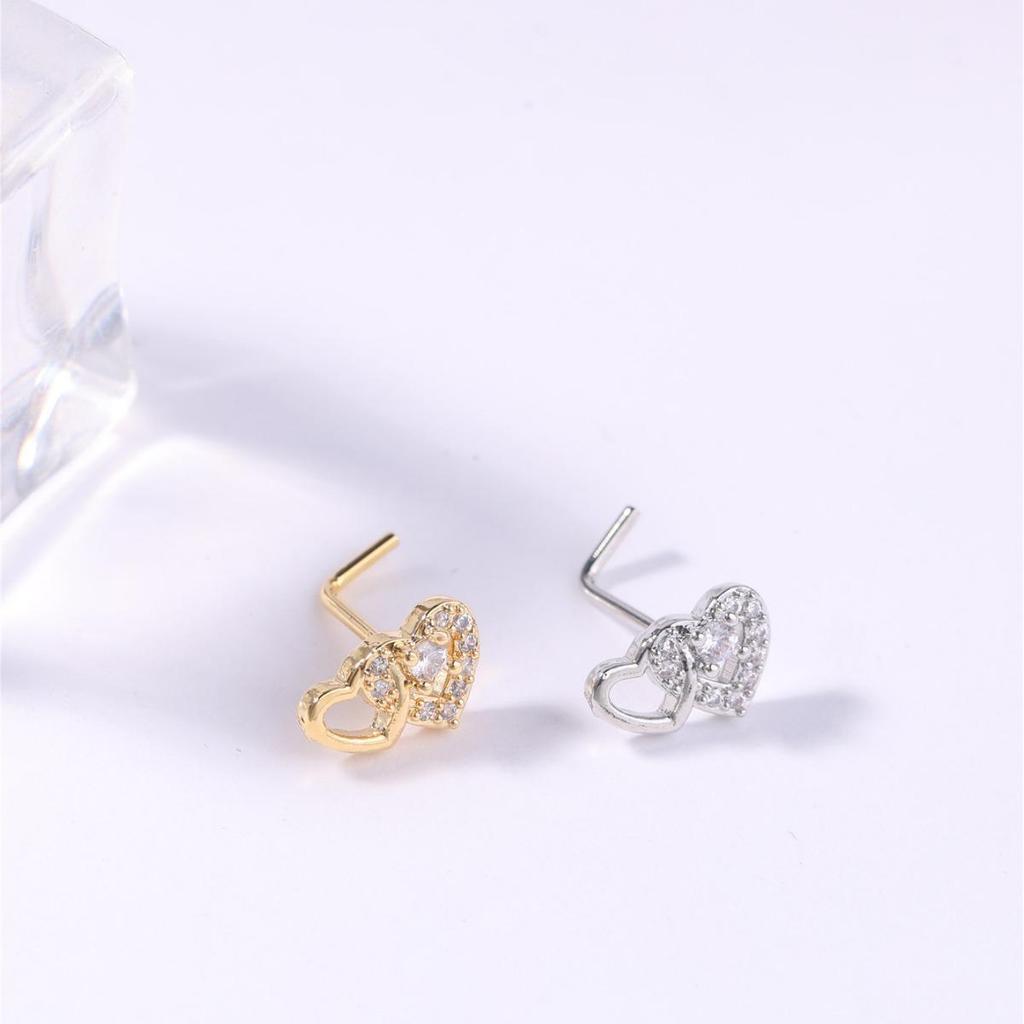 European L-Shaped Rhinestone Heart Nose Ring Stud with Micro-set Zirconia