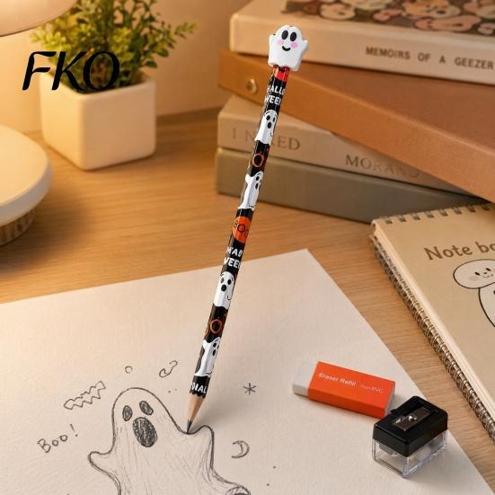 Ghost Pencils 12 Pcs Halloween with 3D Skull Pumpkin Cat Erasers, Holiday Writing Wood Bulk for Goodie Bags, School Classroom Rewards Supplies