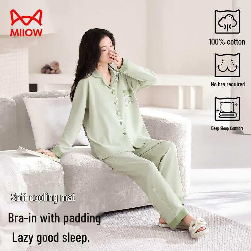 Women's Pure Cotton Lapel Pajama & Homewear Set with Built-in Pads