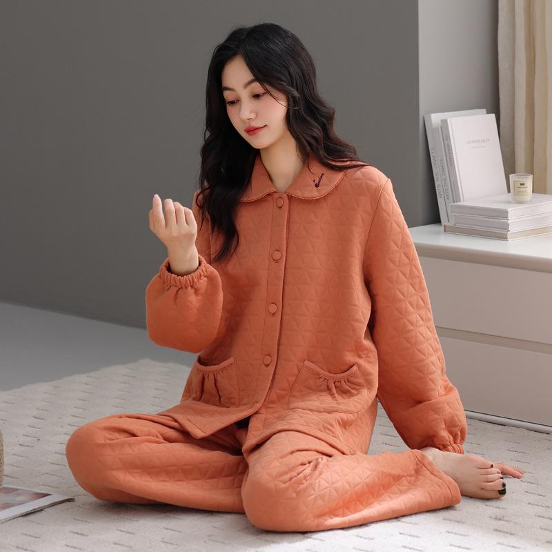 Sandwich Pure Cotton Pajamas Women's Autumn and Winter Mother's Warm Air Cotton Padded Large Size Winter Loungewear Set