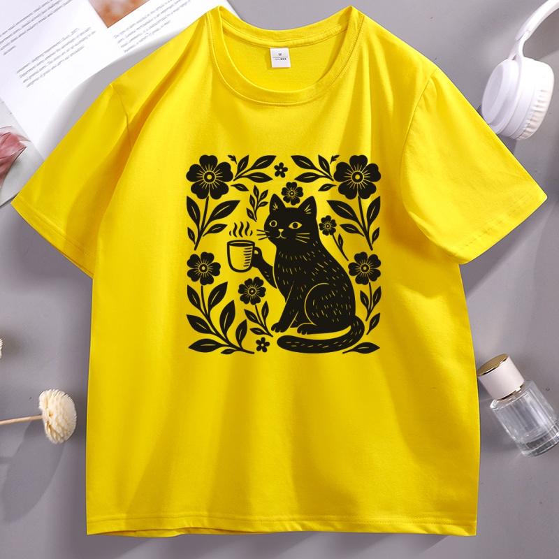 Boho Cat Coffee Lover T Shirt Unisex Clothing Funny Comfort Short Sleeve Printed Tshirt Vintage Round Neck Printed Tees