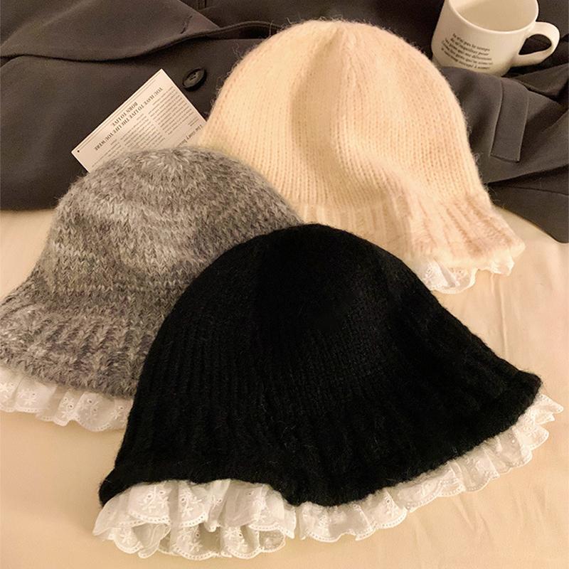 1PC Knitted Slimming Hat Oversized Fisherman Hat Fashionable Lace Elegant Trimmed Korean Bucket Warm 53-60cm