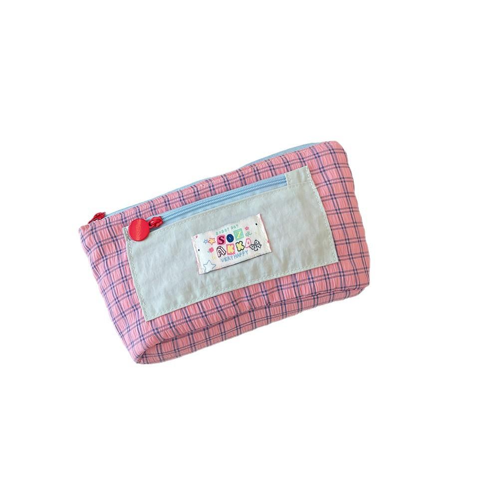 Contrast Candy Color Storage Bags for Women Large Capacity Plaid Girls Pencil Cases Letter Patch Cute Female Clutch Cosmetic Bag