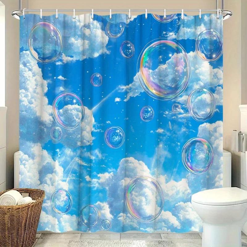 Whimsical Dreamy Sky Shower Curtain - Fluffy Clouds, Shimmering Bubbles, Brilliant Blue,Machine Washable, Fantasy Bath Decor
