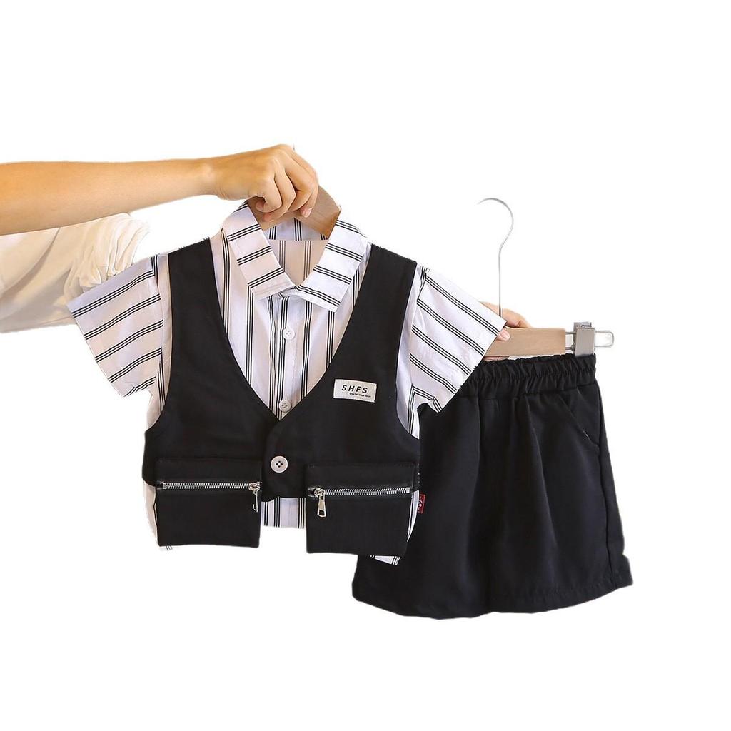 Summer 2026 Boys' Collared Striped Two-Piece Set with Double Zip Pockets