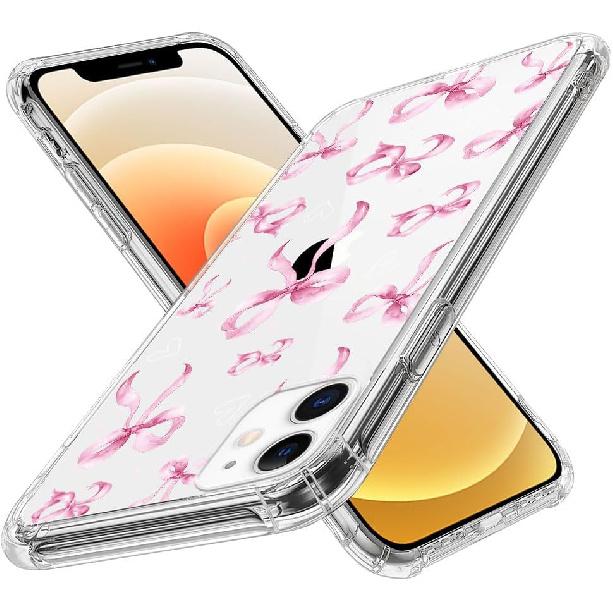 for iPhone 12 Mini Case Clear,TLT Pink Bow Transparent Soft Shockproof Protective Slim Thin Bumper Pattern Design Phone Case