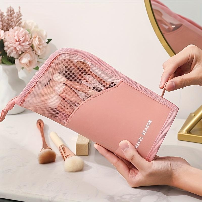 1 bolsa organizadora de brochas de maquillaje de alta capacidad con soporte para mujer - Portátil, Duradera con Bolsillo de Malla, Diseño de Temporada de Viaje Negro, Fácil de Usar