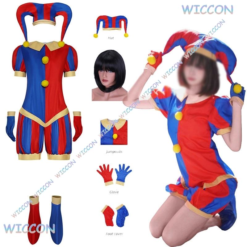 Pommni Vestiti Cappello CosRoom/Bambini Adulti Cartone Animato Circo Pagliaccio Cosplay Completo Costume Parrucca Halloween Tuta Rossa Outfit Carnevale Carino