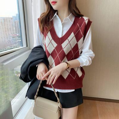 Colete Tricotado Feminino com Padrão Xadrez Diamante Solto Decote V Regata Pulôver Sem Mangas Casual Escola Top Suéter