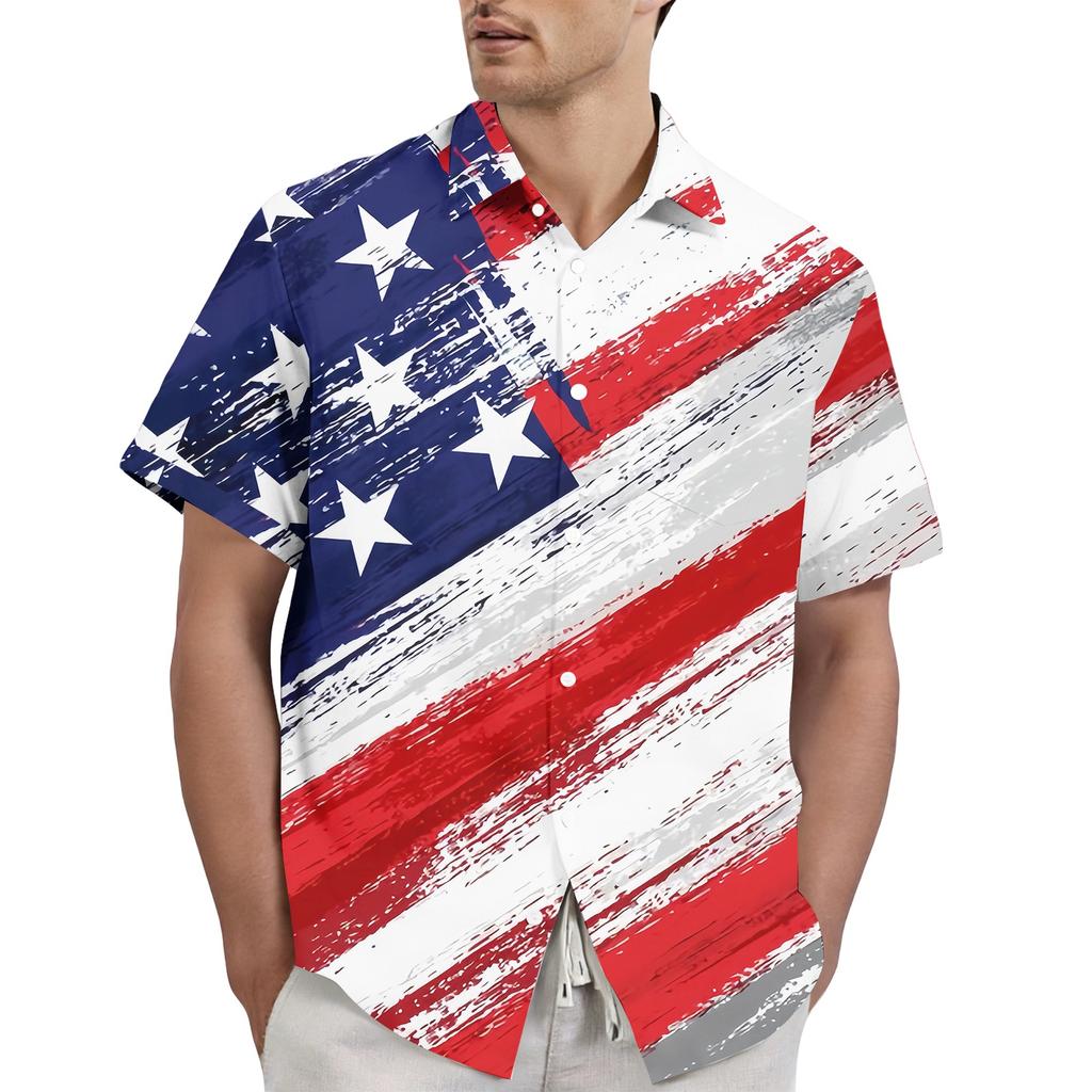 Men's Casual Stylish Flag Letter Print Shirt - Men's Lapel Short-sleeved Button-up Shirt