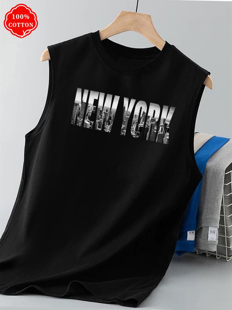 Men's Summer Sleeveless Top Vintage City Skyline Letter Print Casual Oversized Tank Top