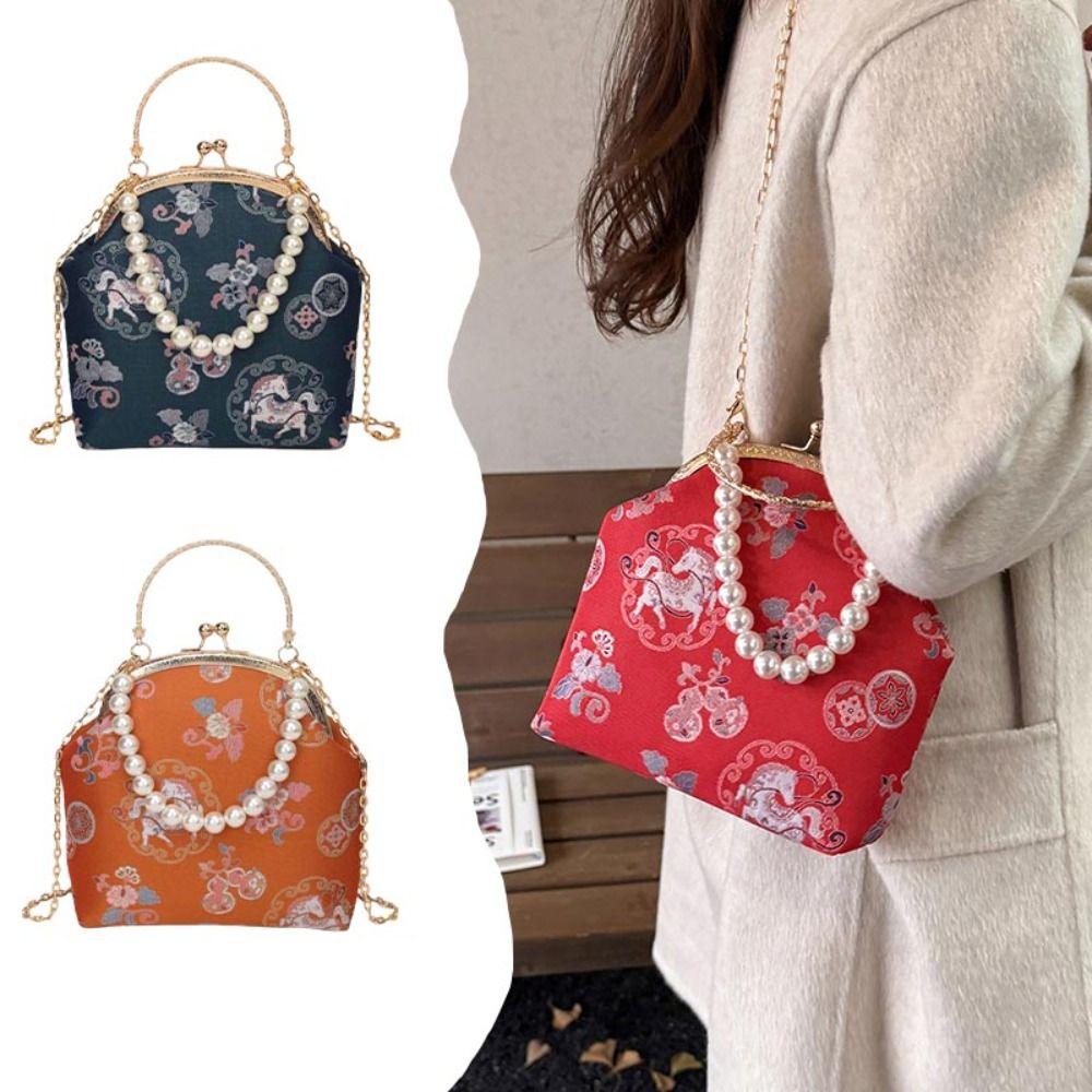 Pearl Embroidery Banquet Bag Horse Printed Hanfu Clutch Bag Retro Wrist Bag Women