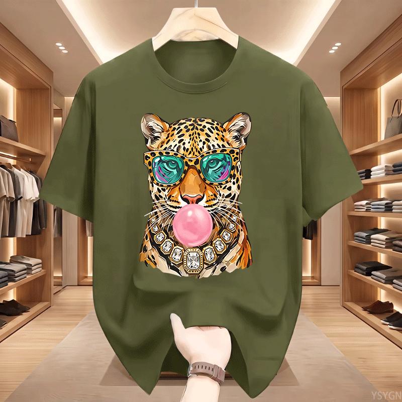 Trendy Leopard Unisex T Shirt Bubblegum Sunglasses Big Cat Graphic T Shirts Retro Animal Printed Tshirt Cotton Short Sleeve Tops