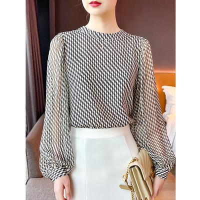 Striped Double Crepe Silk Shirt Women's Stand Up Collar Imitation Mulberry Silk Top Blouses & Shirts