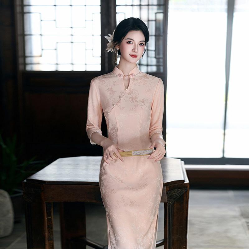Pink National Style New Chinese Style Suzhou Improved Long-sleeved Autumn Cheongsam Seven-quarter Sleeve 1011 New Young Women's Spring and Autumn