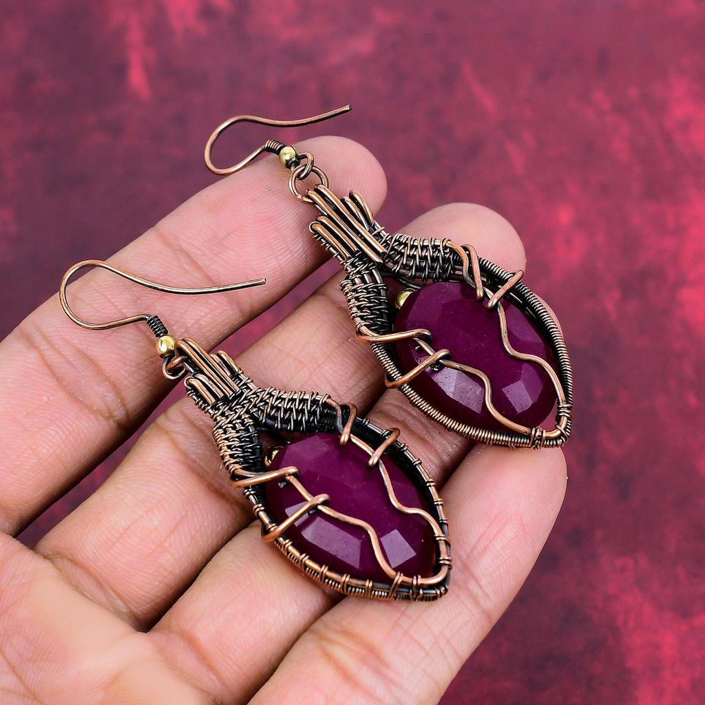 Faceted Kashmir Ruby Earring Copper Wire Wrapped Jewelry Handmade Gemstone Earring Copper Wire Wrapped Earrings Wedding Gifts Dainty Jewelry