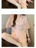 Sweet Striped Bow Print Korean Style Crinkle Pajamas Set for Women - Three-Piece, Short Sleeve Homewear.